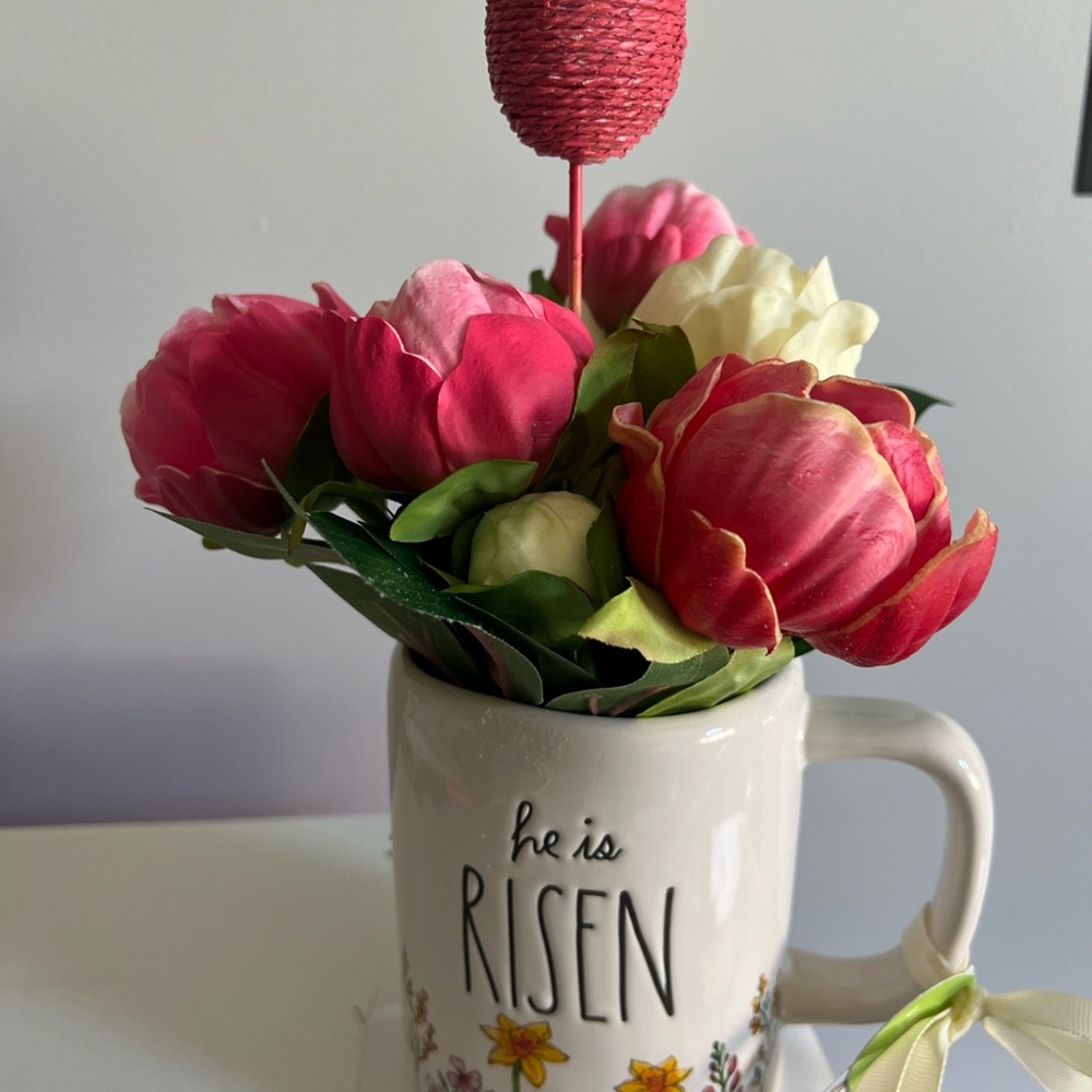 Floral Mug Arrangement Rae Dunn Easter with Pink and Cream Tulips